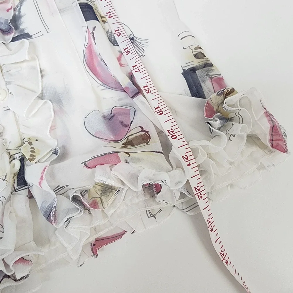 CAbi Top Women's S Sheer Paris Perfume Bottle Ruffle Dainty Whimsical White